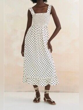Zara Polka Dot cream black Print Medium Midi dress featuring a straight neckline